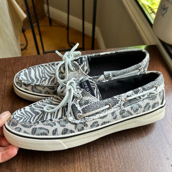 Sperry Shoes Women SZ 8 Sequin Top Sider Zebra Animal Black White Leather Lace - Picture 6 of 10